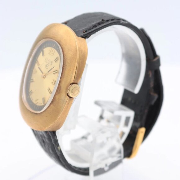 Vintage Elgin Egg Gold Sunburst Men's Mechanical Wristwatch 977 Swiss Gold Tone - Picture 5 of 5